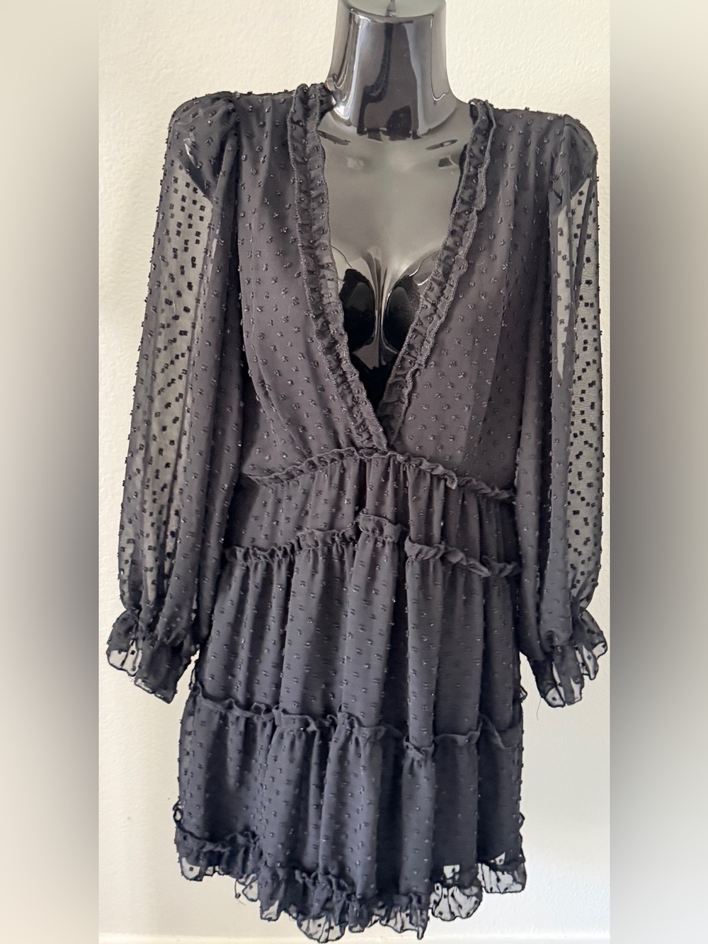 Justify Black Long Sleeve Swiss Dot Tiered Mini Dress